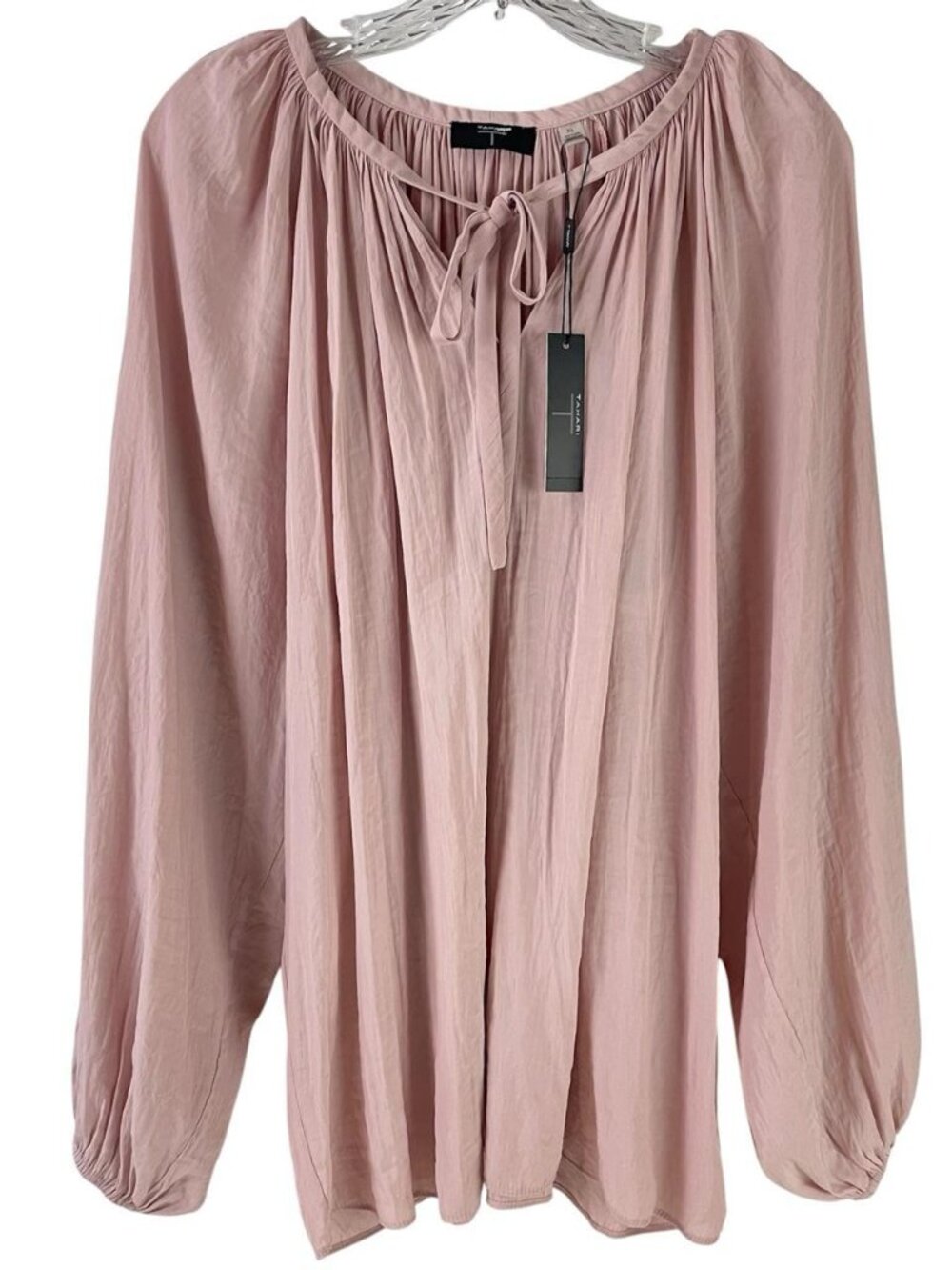 T Tahari Womens Balloon Sleeve Tie Neck Top Womens Size XL Pink Feminine NWT